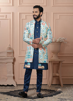 Blue Pure Silk 2 Pc Indo Western Set