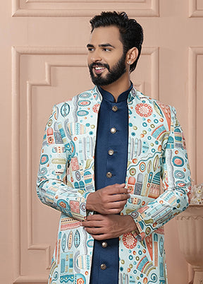 Blue Pure Silk 2 Pc Indo Western Set