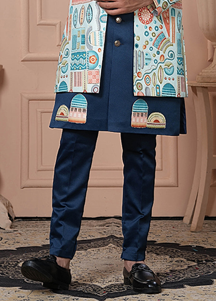 Blue Pure Silk 2 Pc Indo Western Set