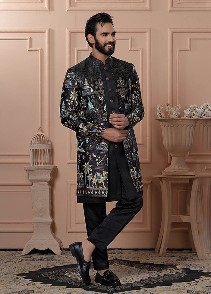 Black Pure Silk 2 Pc Indo Western Set