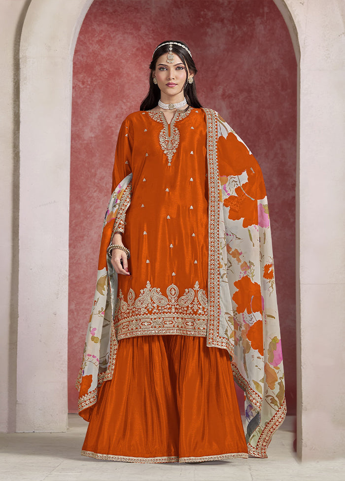 3 Pc Orange Silk Suit Set