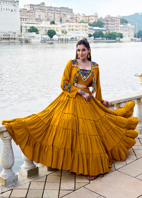 Yellow Blended Silk Koti Lehenga Set