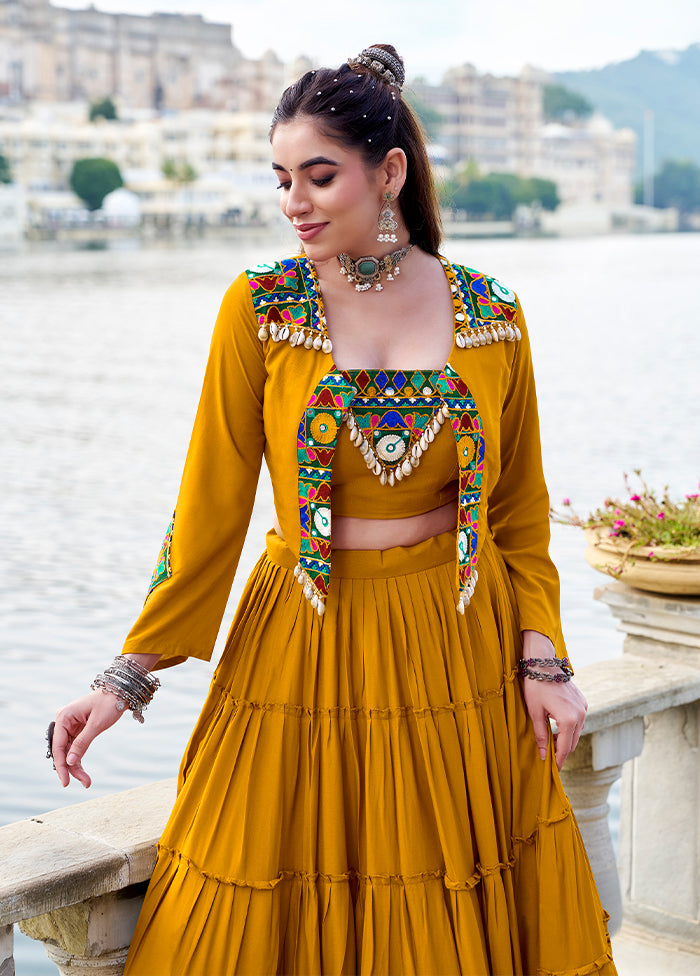 Yellow Blended Silk Koti Lehenga Set