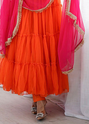 3 Pc Orange Georgette Suit Set