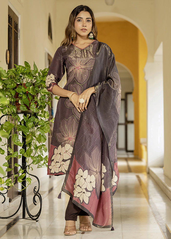 3 Pc Brown Silk Suit Set