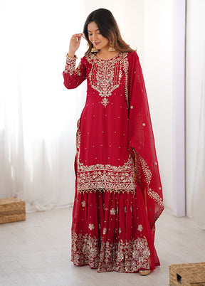 3 Pc Red Georgette Suit Set