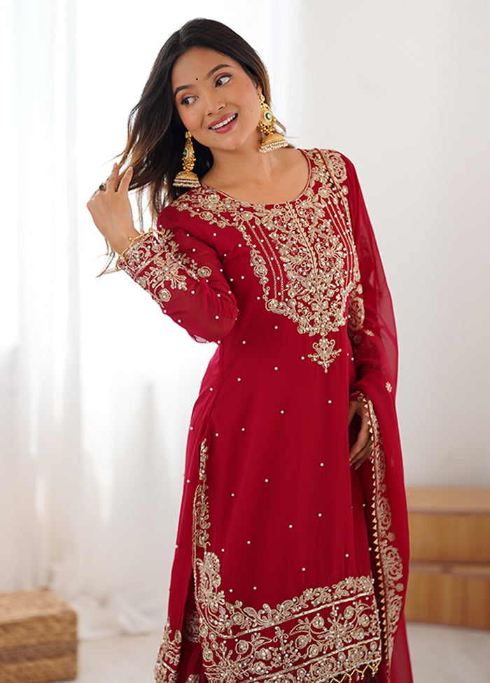3 Pc Red Georgette Suit Set
