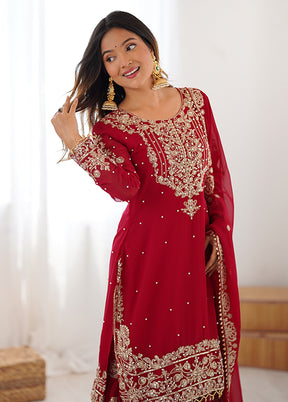 3 Pc Red Georgette Suit Set