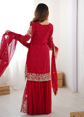 3 Pc Red Georgette Suit Set