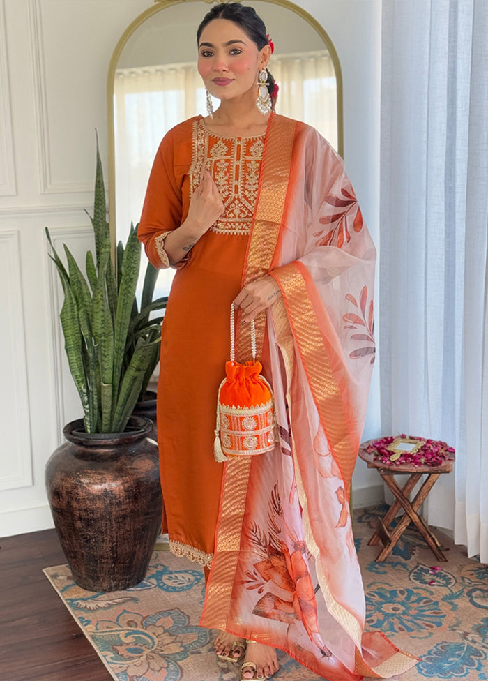 3 Pc Orange Silk Suit Set