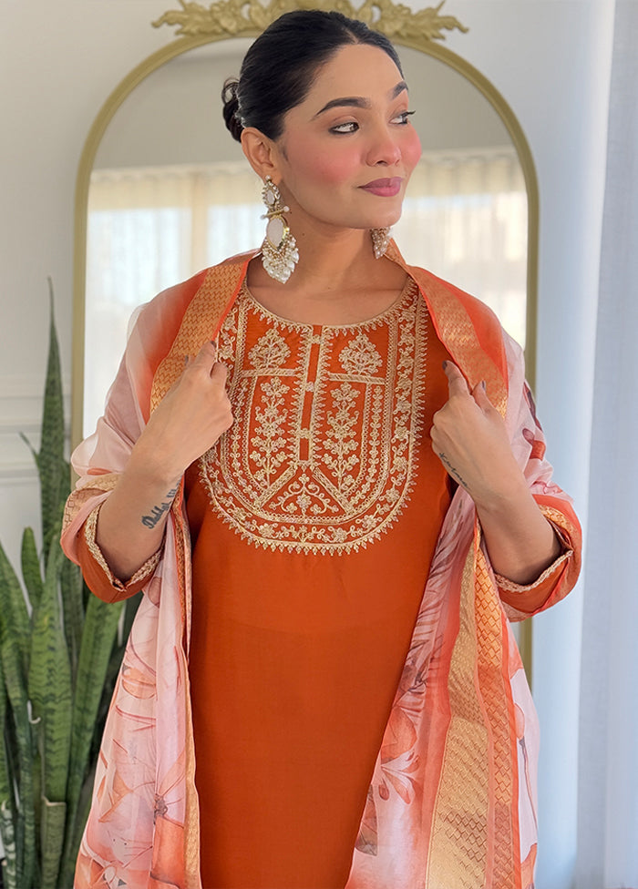 3 Pc Orange Silk Suit Set