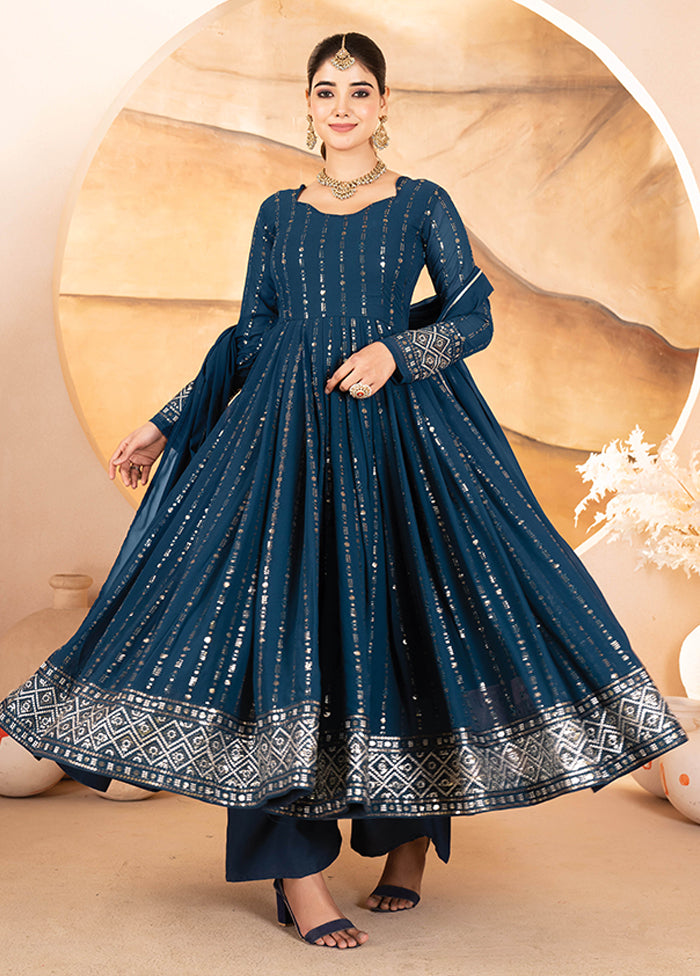 3 Pc Blue Georgette Suit Set