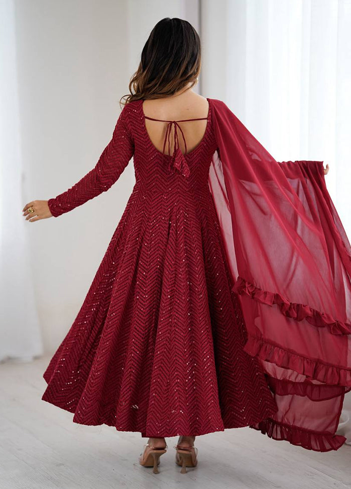 3 Pc Maroon Georgette Suit Set