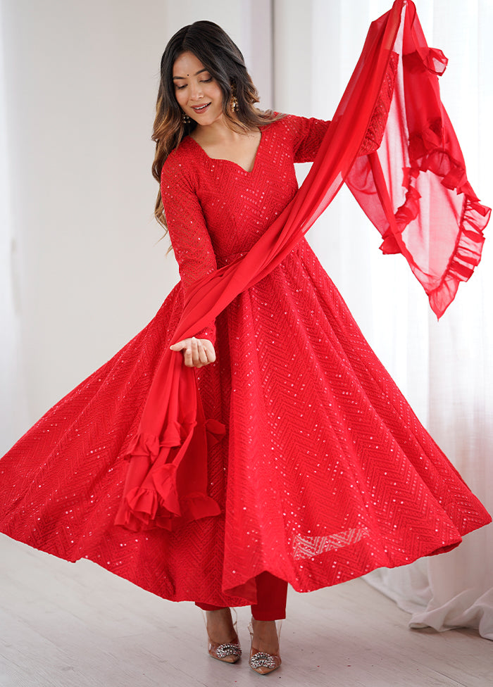 3 Pc Red Georgette Suit Set