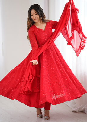 3 Pc Red Georgette Suit Set