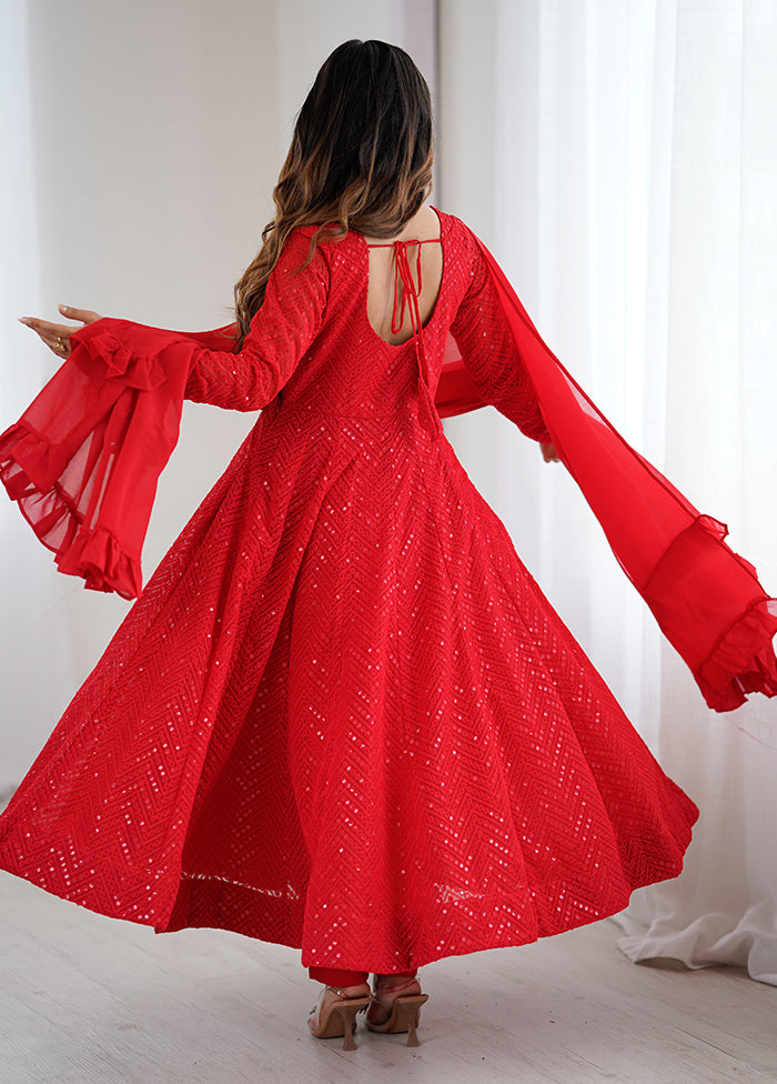 3 Pc Red Georgette Suit Set
