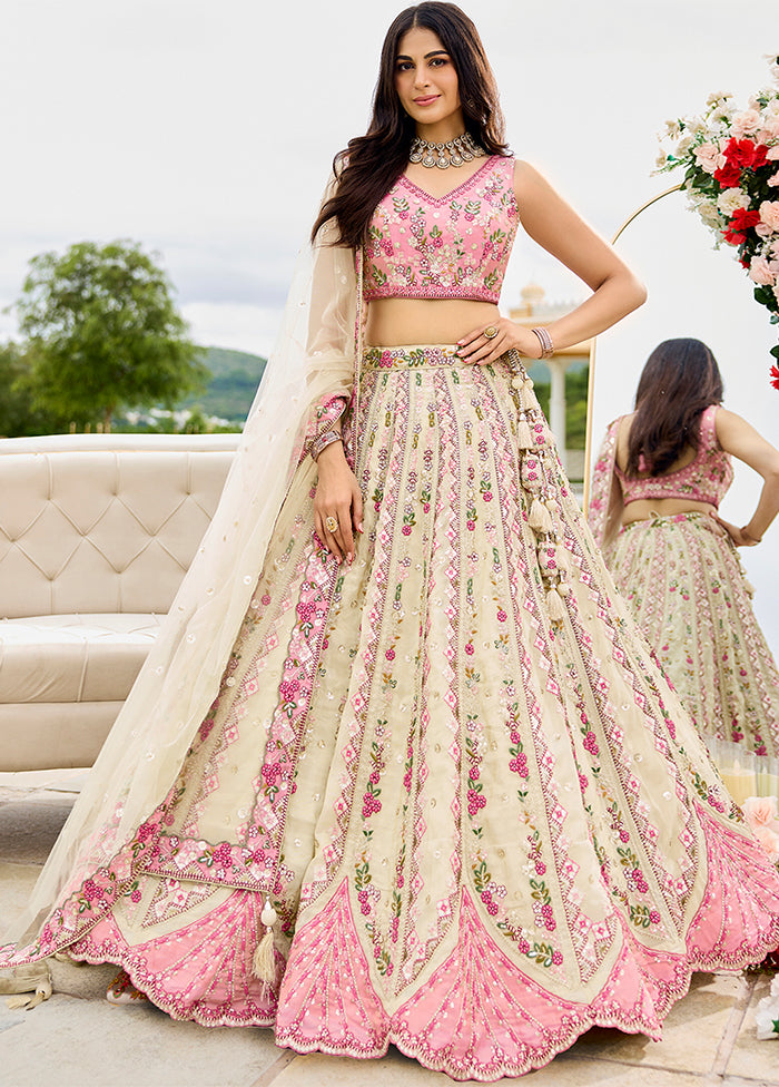 Cream Blended Silk Dupatta Lehenga Set