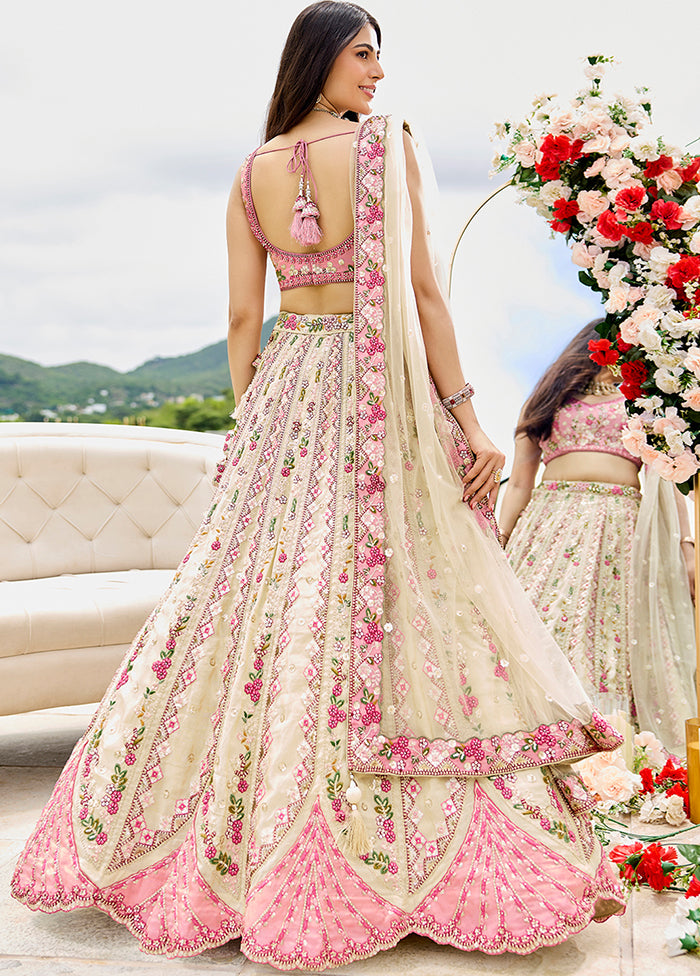Cream Blended Silk Dupatta Lehenga Set