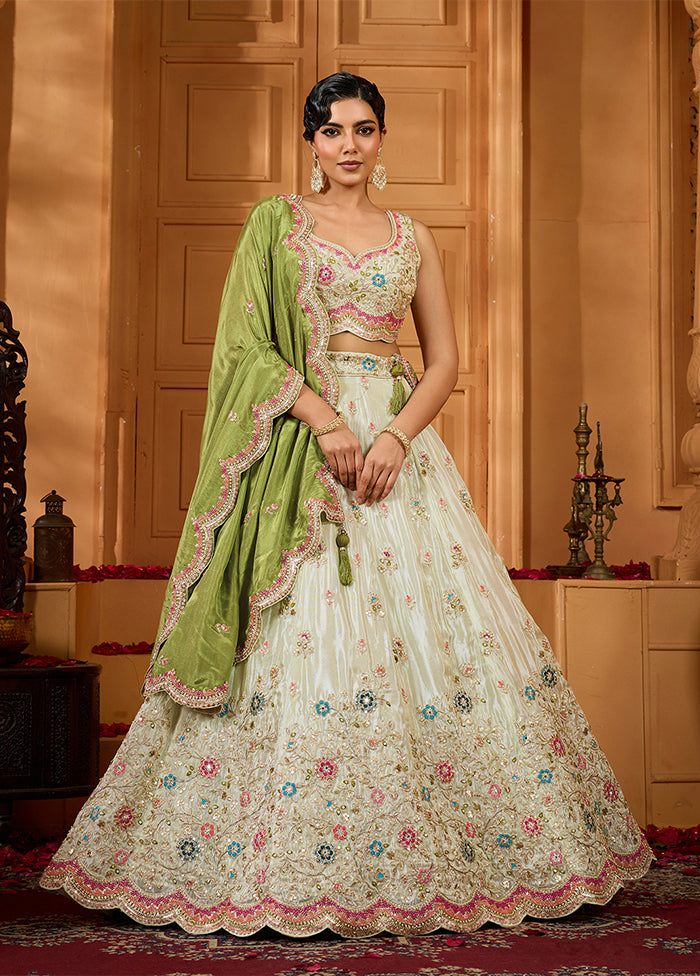 Cream Blended Silk Dupatta Lehenga Set