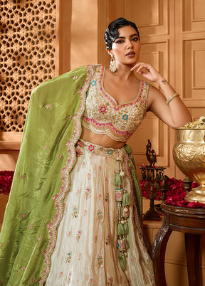 Cream Blended Silk Dupatta Lehenga Set