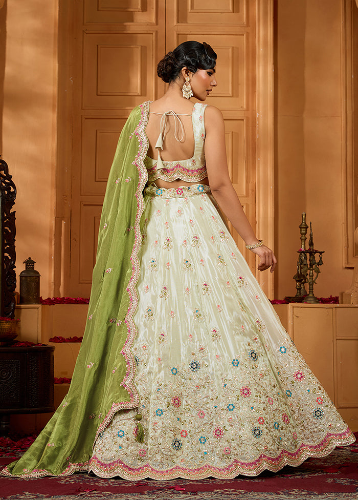 Cream Blended Silk Dupatta Lehenga Set