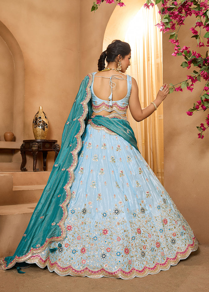 Blue Blended Silk Dupatta Lehenga Set