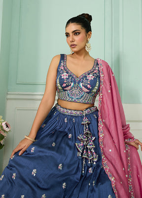 Blue Blended Silk Dupatta Lehenga Set