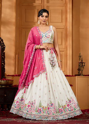 Cream Blended Silk Dupatta Lehenga Set