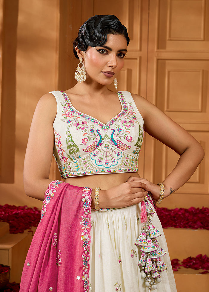 Cream Blended Silk Dupatta Lehenga Set