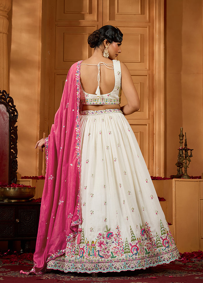 Cream Blended Silk Dupatta Lehenga Set
