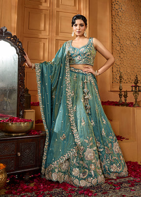 Green Blended Silk Dupatta Lehenga Set