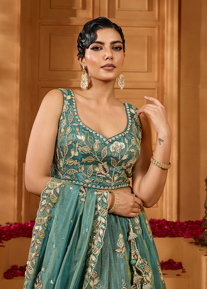 Green Blended Silk Dupatta Lehenga Set