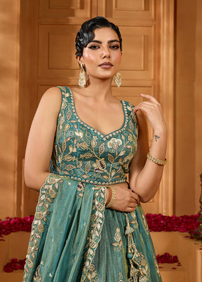 Green Blended Silk Dupatta Lehenga Set