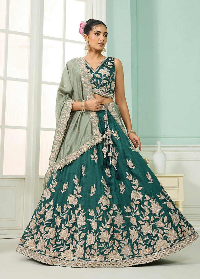 Green Blended Silk Dupatta Lehenga Set