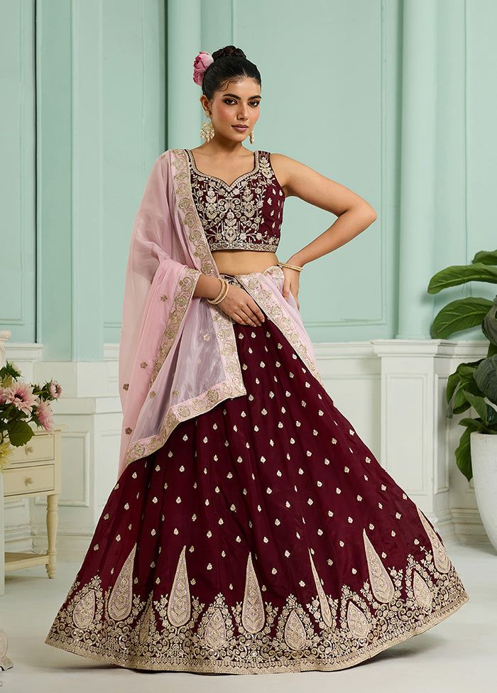 Maroon Blended Silk Dupatta Lehenga Set