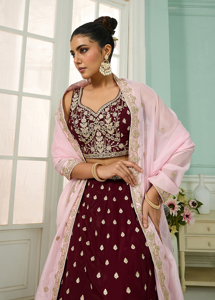 Maroon Blended Silk Dupatta Lehenga Set