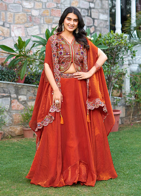 Brown Blended Silk Dupatta Lehenga Set