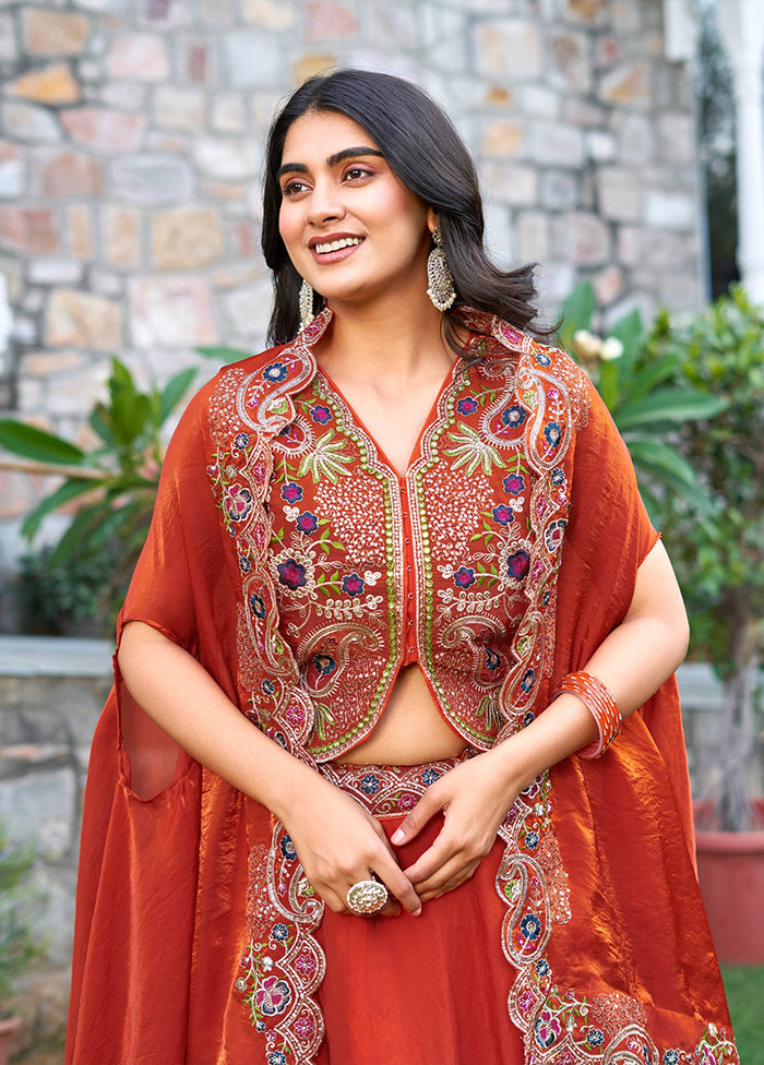 Brown Blended Silk Dupatta Lehenga Set