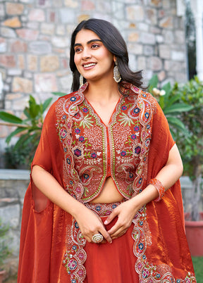 Brown Blended Silk Dupatta Lehenga Set