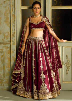 Red Blended Silk Dupatta Lehenga Set