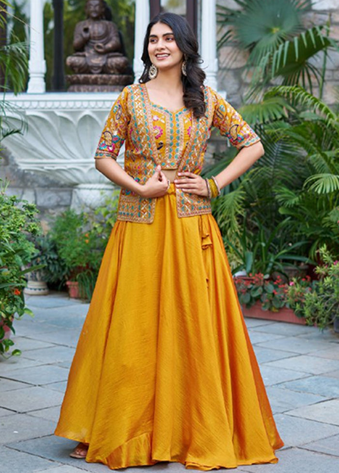 Yellow Blended Silk Koti Lehenga Set