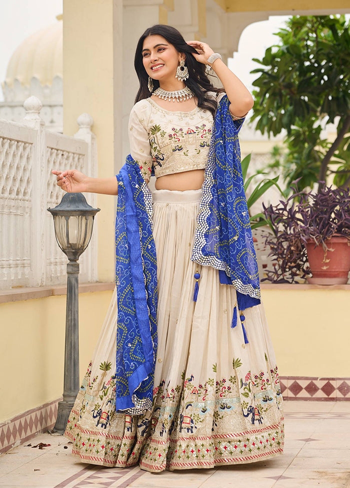 Cream Blended Silk Dupatta Lehenga Set