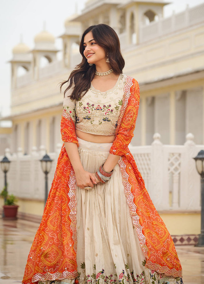 Cream Blended Silk Dupatta Lehenga Set