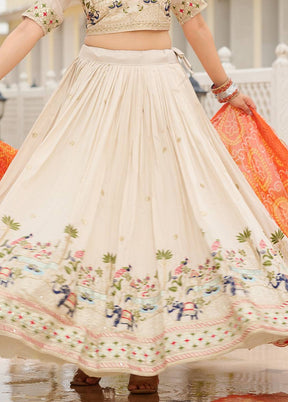 Cream Blended Silk Dupatta Lehenga Set