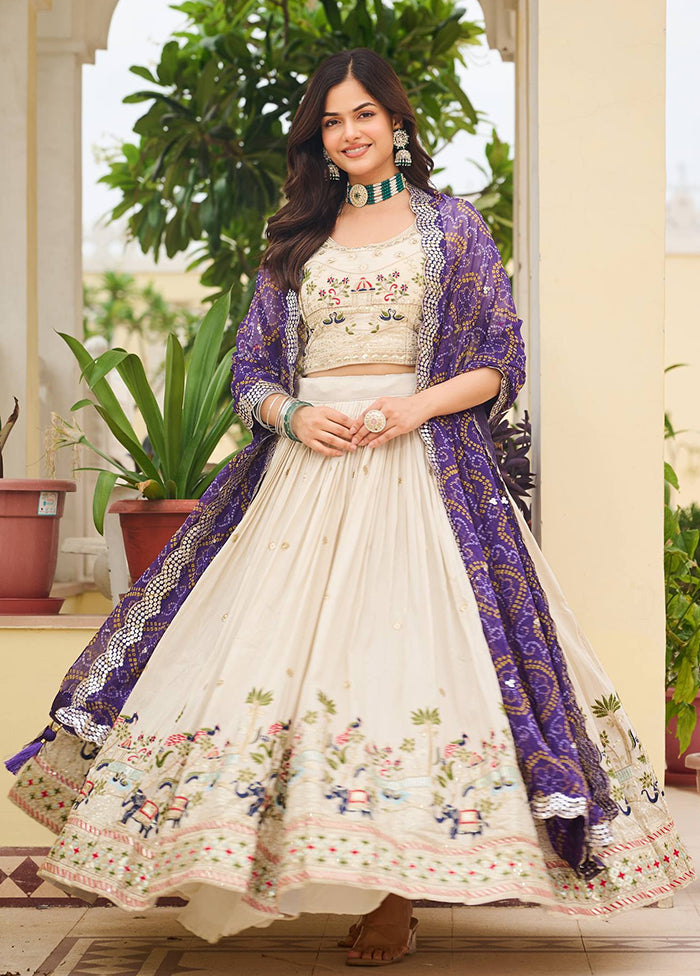 Cream Blended Silk Dupatta Lehenga Set