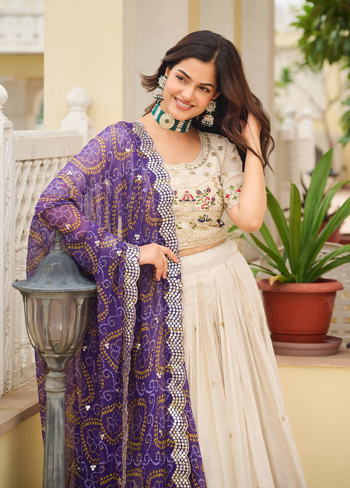 Cream Blended Silk Dupatta Lehenga Set