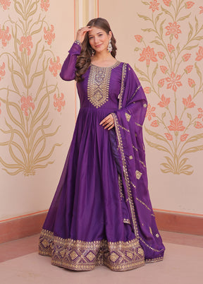 Purple Embroidery Work Georgette Gown