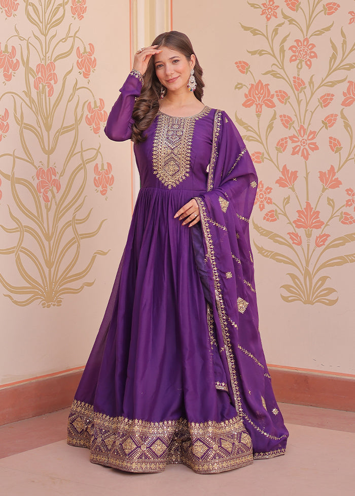 Purple Embroidery Work Georgette Gown