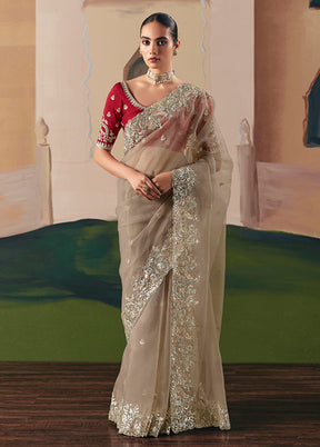 Brown Organza Saree With Blouse Piece