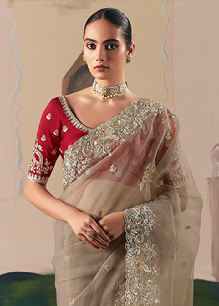 Brown Organza Saree With Blouse Piece